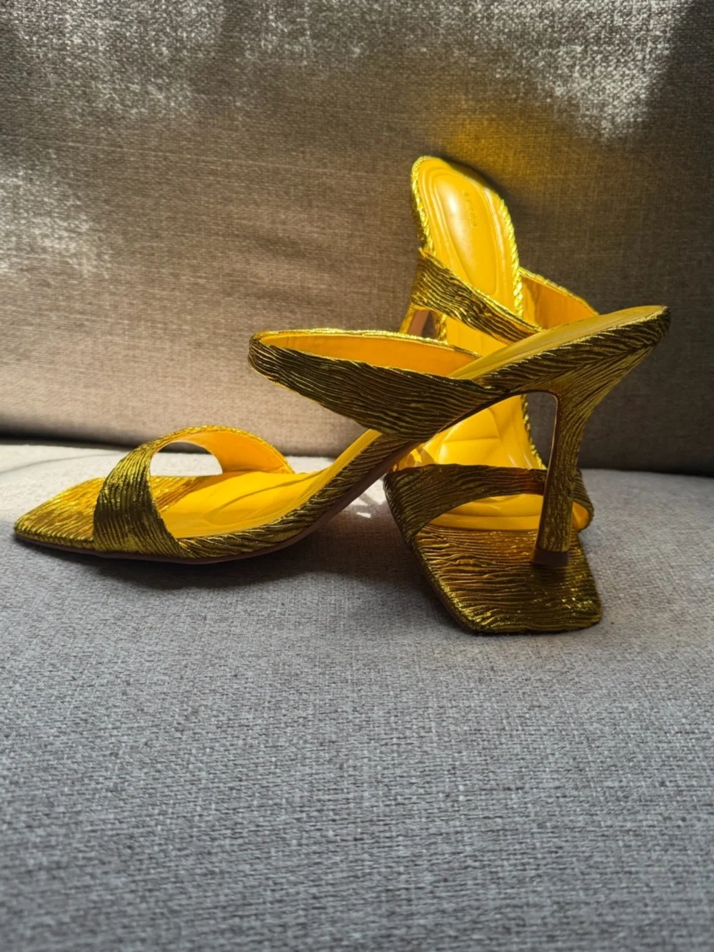AKIRA Metallic Gold Textured Square-Toe Slingback Heels - Picture 2 of 2